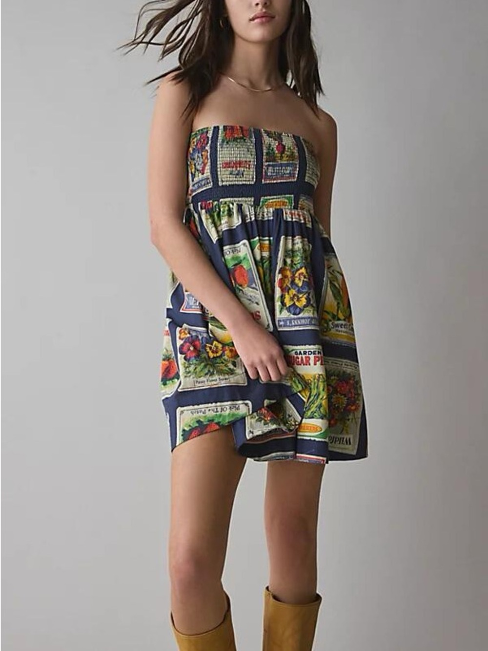 BDG urban outfitters Navy Strapless smocked Julia mini dress garden Patchwork